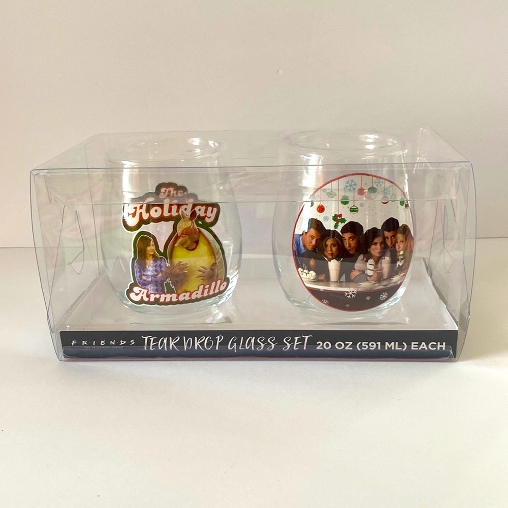 FRIENDS TV Show Tear Drop Drink Glass Gift Set of 2 20 Oz The Holiday Armadillo